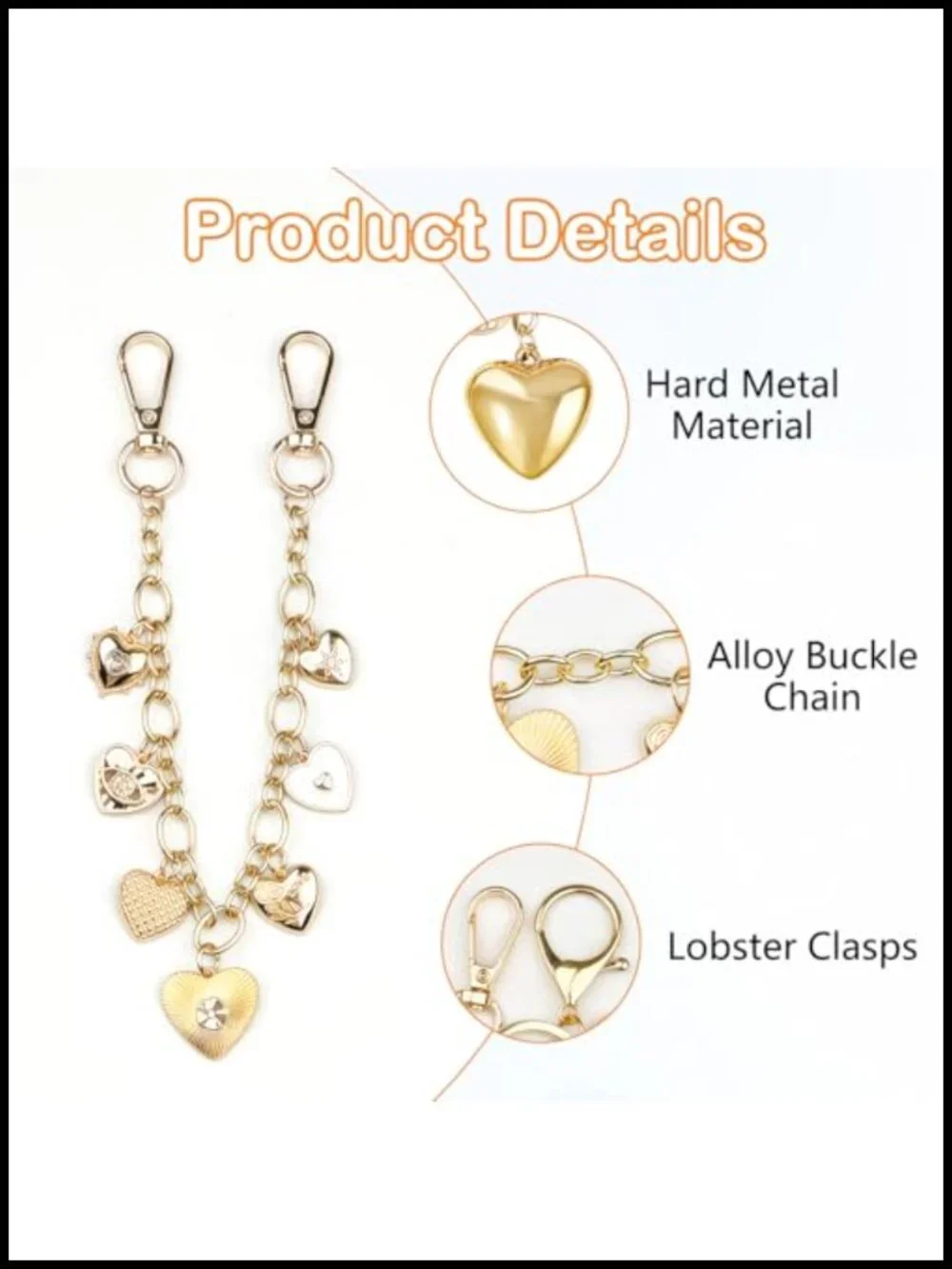 2 Pcs Gold Metal Bag Chain with Heart Purse Charm Extender Strap for Handbags